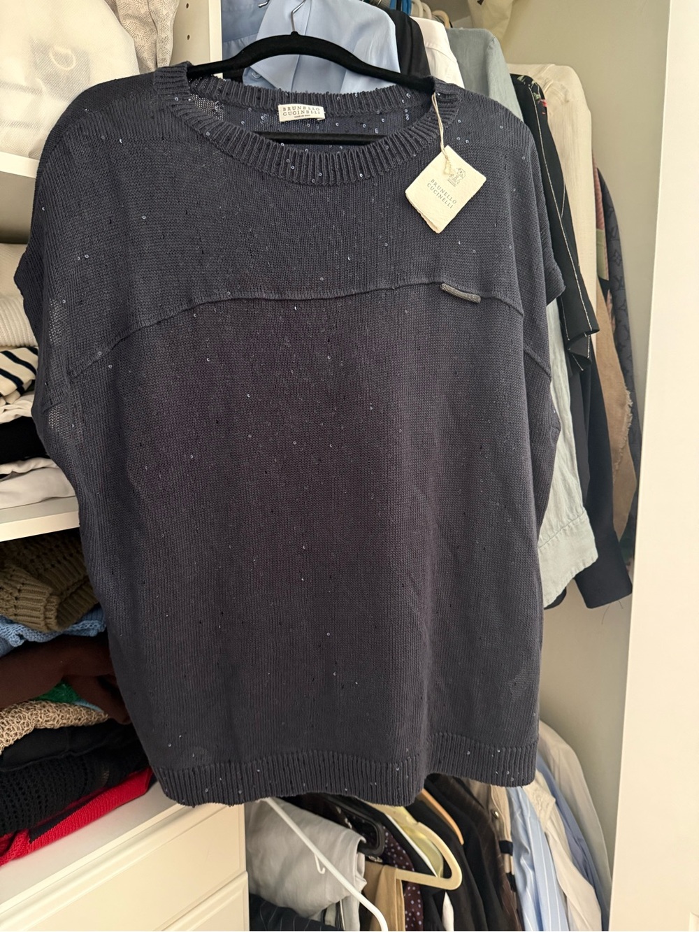 Brunello Cucinelli linen/ silk blend Navy Knitted Sweater w/Sequins SZ XL NWT